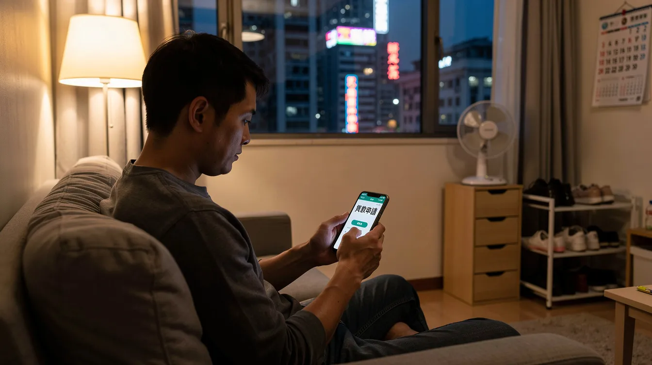A Hong Kong citizen is at home using their smartphone to apply for a loan, surrounded by personal items and paperwork. The scene captures the process of submitting a loan application, highlighting the importance of financial institutions and credit scores in securing funding.