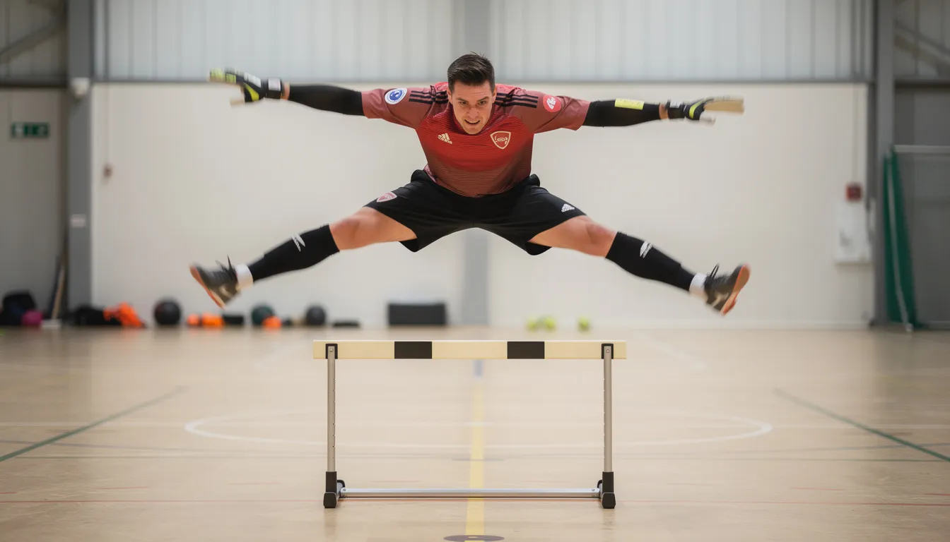 Ein Torwart führt in einer Halle einen seitlichen Sprung über eine niedrige Hürde aus, um seine Koordination und Reaktionsschnelligkeit im Rahmen des Torwarttrainings zu verbessern. Die Übung ist Teil eines speziellen Trainingsprogramms für Handballtorwarte, um ihre Fähigkeiten zu optimieren.
