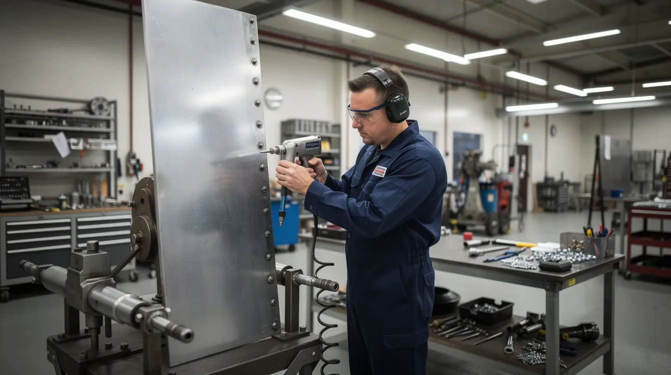 An industrial workshop scene depicts a technician skillfully using a pneumatic rivet gun and a bucking bar to install solid rivets on an aluminum panel. The technician is focused on aligning rivet holes in the sheet metal, ensuring precise assembly for aircraft construction.