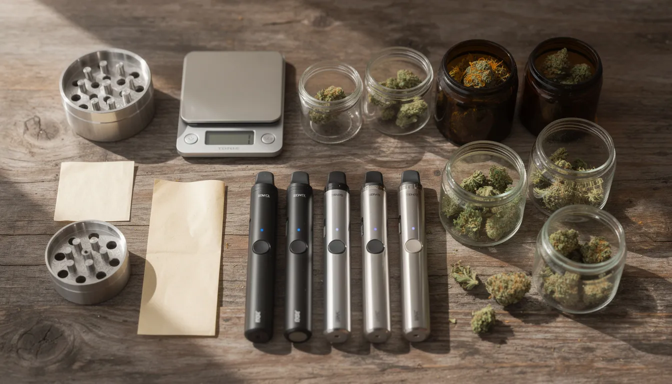 Auf einem Holztisch sind verschiedene Cannabinoid-Produkte wie Vape-Pens und getrocknete Blüten sorgfältig arrangiert. Die Auswahl zeigt die Vielfalt der Produkte, die für Entspannung und Wohlbefinden stehen, und spiegelt die Eigenschaften der Cannabispflanze wider.