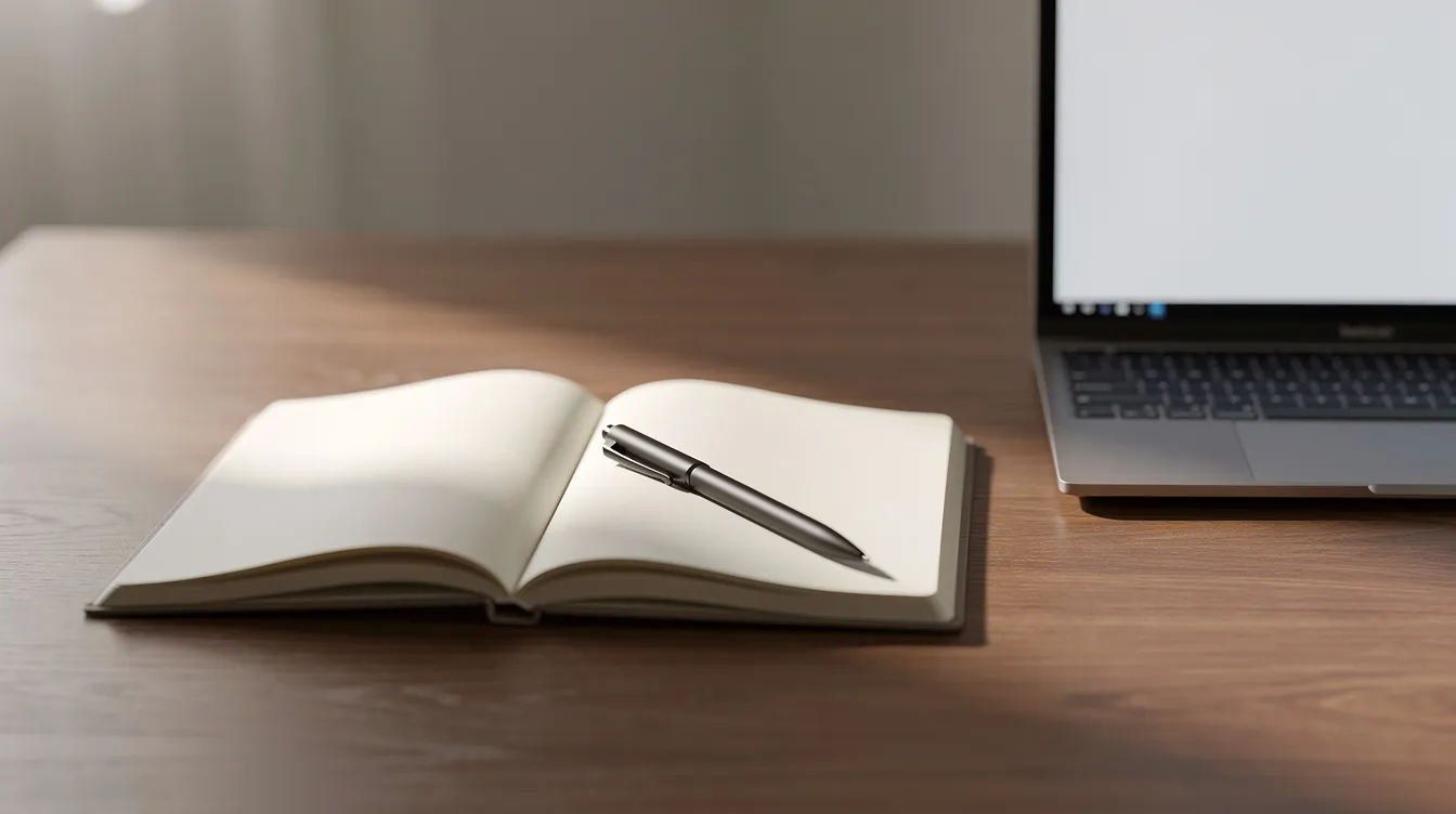 An open notebook with a pen rests on a wooden desk beside a computer, symbolizing the planning and strategy that forex traders use to navigate the complexities of currency trading. This scene highlights the importance of having a trading plan and understanding market conditions in the forex market.