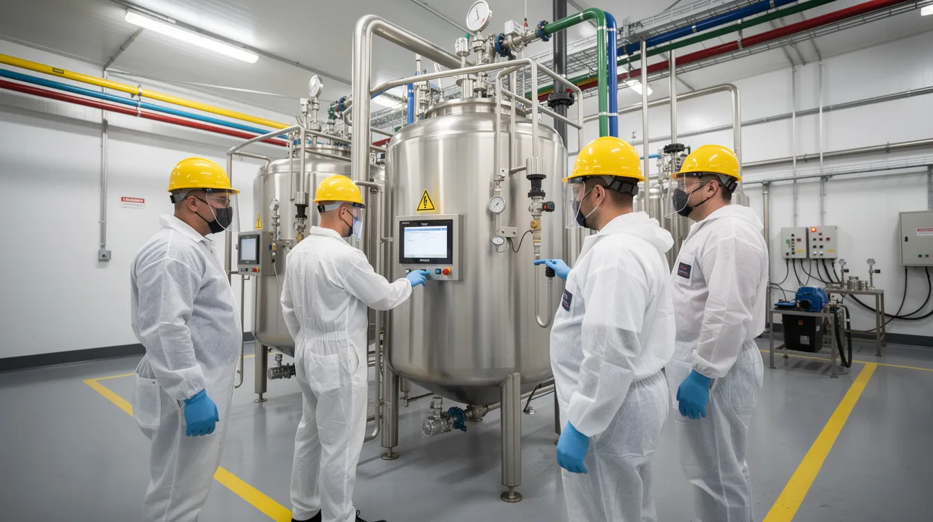 fd873a4a aad2 49df 80c7 06dce5be4abd The image shows workers in protective gear operating mixing equipment in a chemical production facility, emphasizing the importance of safety protocols in the specialty chemicals industry. This setting highlights the manufacturing processes involved in producing chemical products that cater to various sectors, ensuring compliance with environmental and safety standards.
