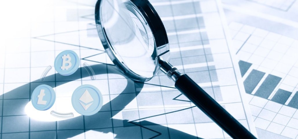 An illustration representing the concept of DYOR, highlighted by a magnified glass and 3 x top cropto currencies.