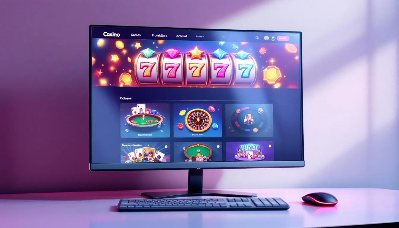 En modern online casino-gränssnitt visas på en datorskärm, med olika slotspel och casinobord som erbjuder en mängd alternativ för spelare. Denna typ av utländska casinon ger svenska spelare möjlighet att spela på ett utländskt casino med attraktiva bonusar och snabba uttag.