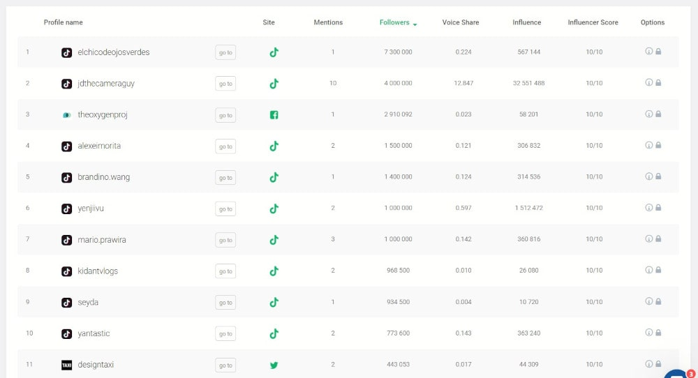 Influencers detected by the Brand24 tool