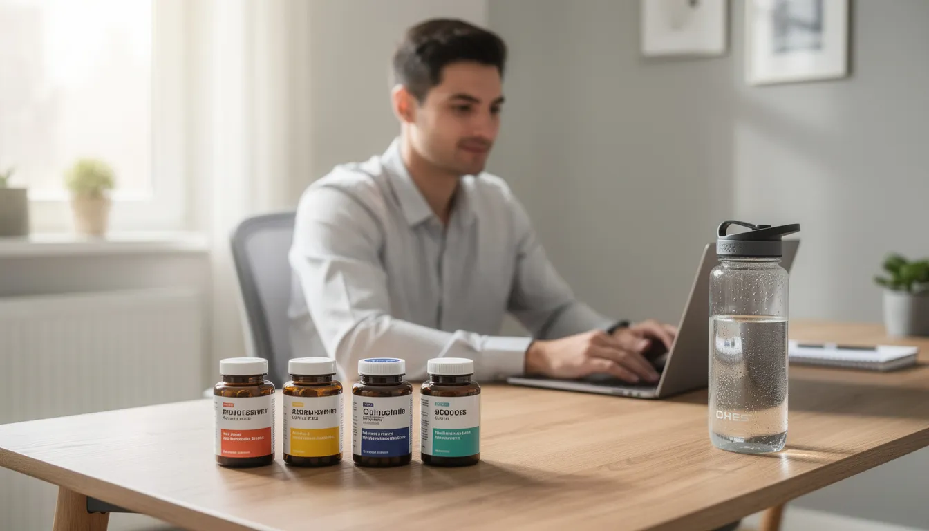 The image depicts a person dressed in business casual attire, sitting at a desk surrounded by various dietary supplements, including creatine gummies and a water bottle. This setting suggests a focus on muscle growth and athletic performance through consistent creatine supplementation.