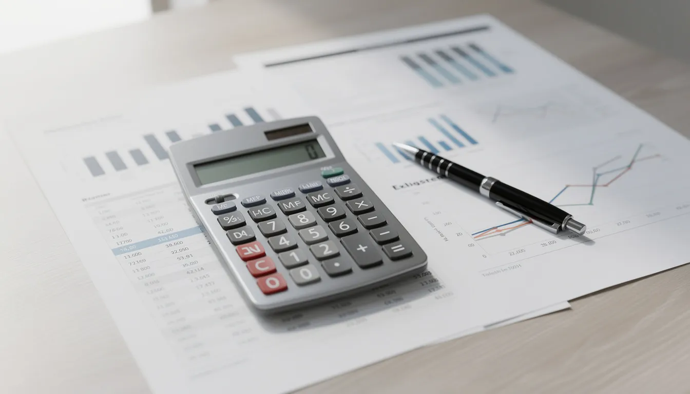 The image features a calculator, a pen, and various financial documents spread across a desk, symbolizing the financial considerations involved in the home buying process. This setup may represent important aspects like down payments, mortgage lenders, and homeowners insurance for prospective homeowners.