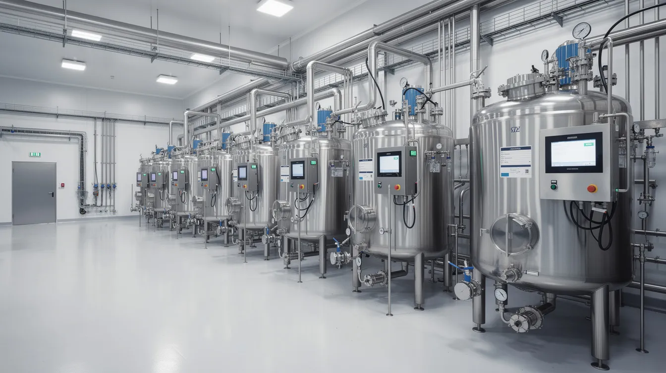 Das Bild zeigt moderne industrielle Bioreaktoren in einer biotechnologischen Einrichtung, die für die Produktion von Cannabinoiden aus der Cannabispflanze, wie THC und CBD, genutzt werden. Diese Anlagen sind entscheidend für die Biosynthese von wichtigen Inhaltsstoffen und Verbindungen der Hanfpflanze, die in der Pharmakologie und Lebensmittelindustrie Anwendung finden.