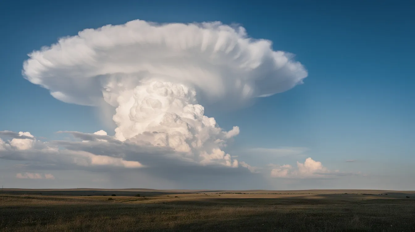 A large cumulonimbus storm cloud looms over a flat landscape, contrasting sharply with a patch of blue sky, indicating a low pressure area that could affect atmospheric pressure and visibility. The scene captures the dynamic weather conditions often encountered in aviation, where pilots must adjust their altimeter settings to navigate through varying pressure systems.