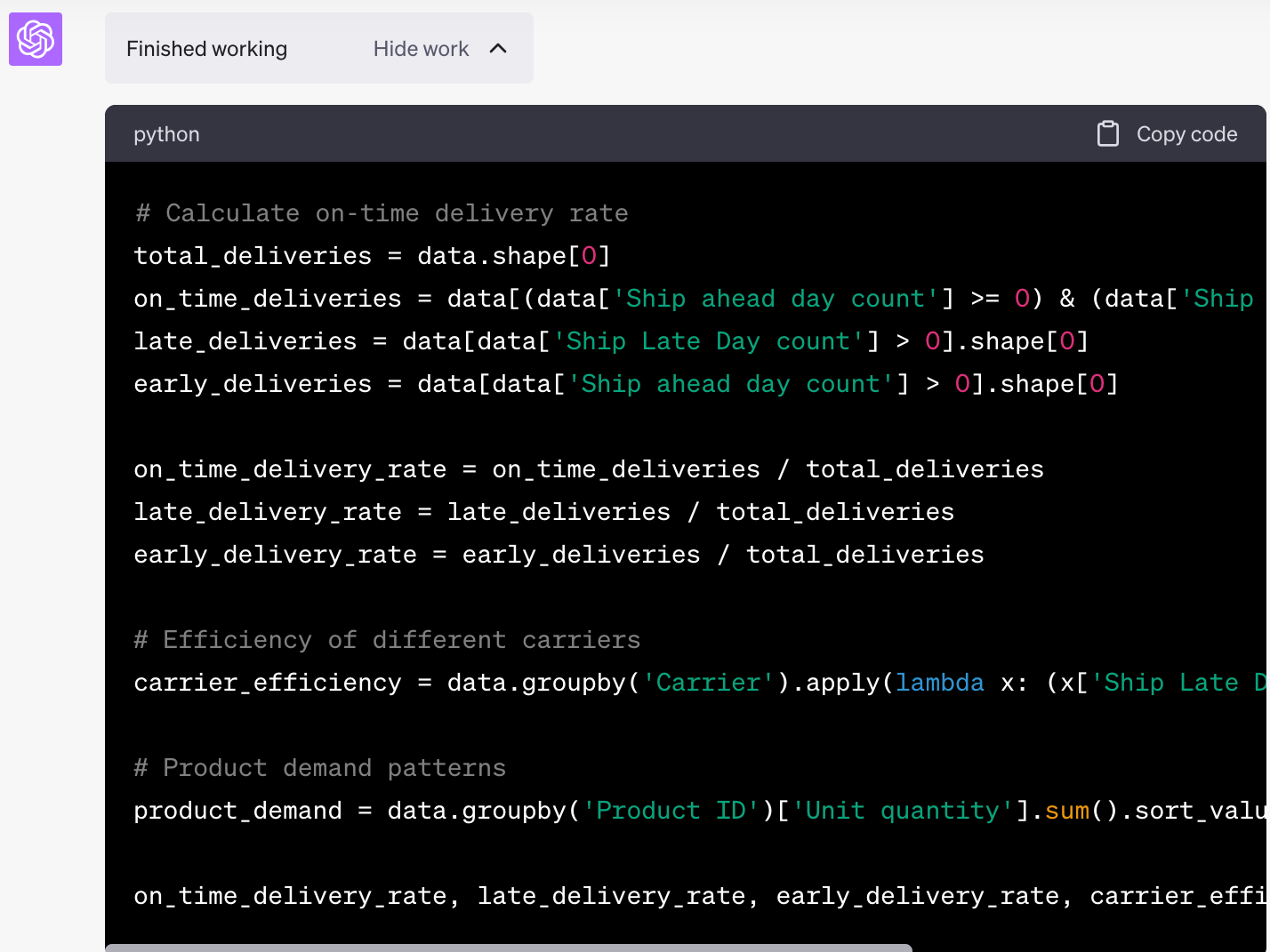 Figure 2: A sample Python code created by ChatGPT based on supply chain data.