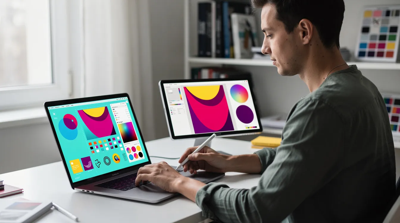 A designer is focused on creating colorful visual elements on a tablet and laptop, utilizing tools like Adobe Illustrator and Adobe Express to develop a memorable brand identity. The workspace is filled with vibrant designs, showcasing logo designs and typography that align with brand colors and styles, reflecting a polished and professional approach to creative projects.