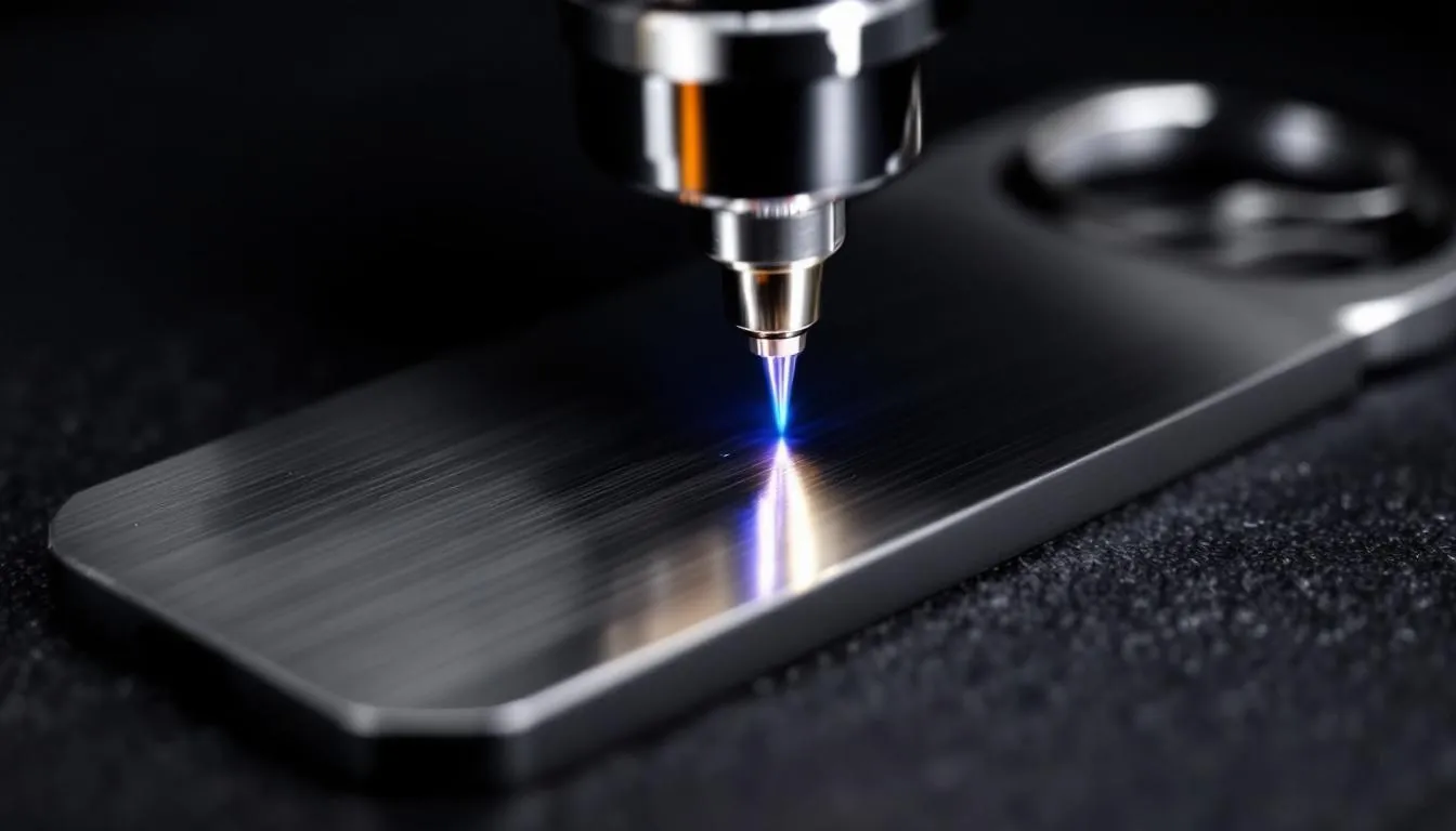 Na zdjęciu przedstawiony jest proces grawerowania laserowego eleganckiego breloka metalowego z logo firmy. Widać precyzyjny sprzęt, który wykonuje trwały grawer, co sprawia, że brelok staje się doskonałym gadżetem reklamowym.