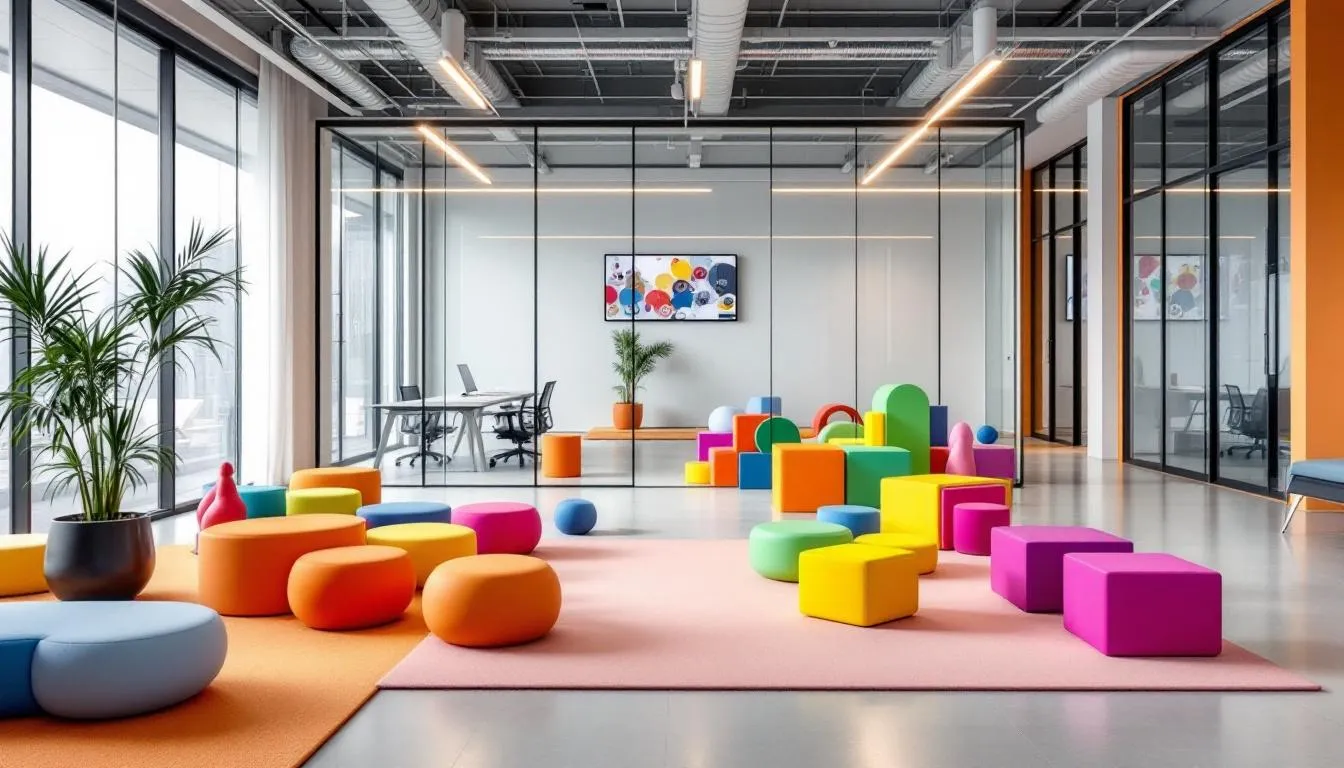 A playful environment that combines work essentials with a play area.