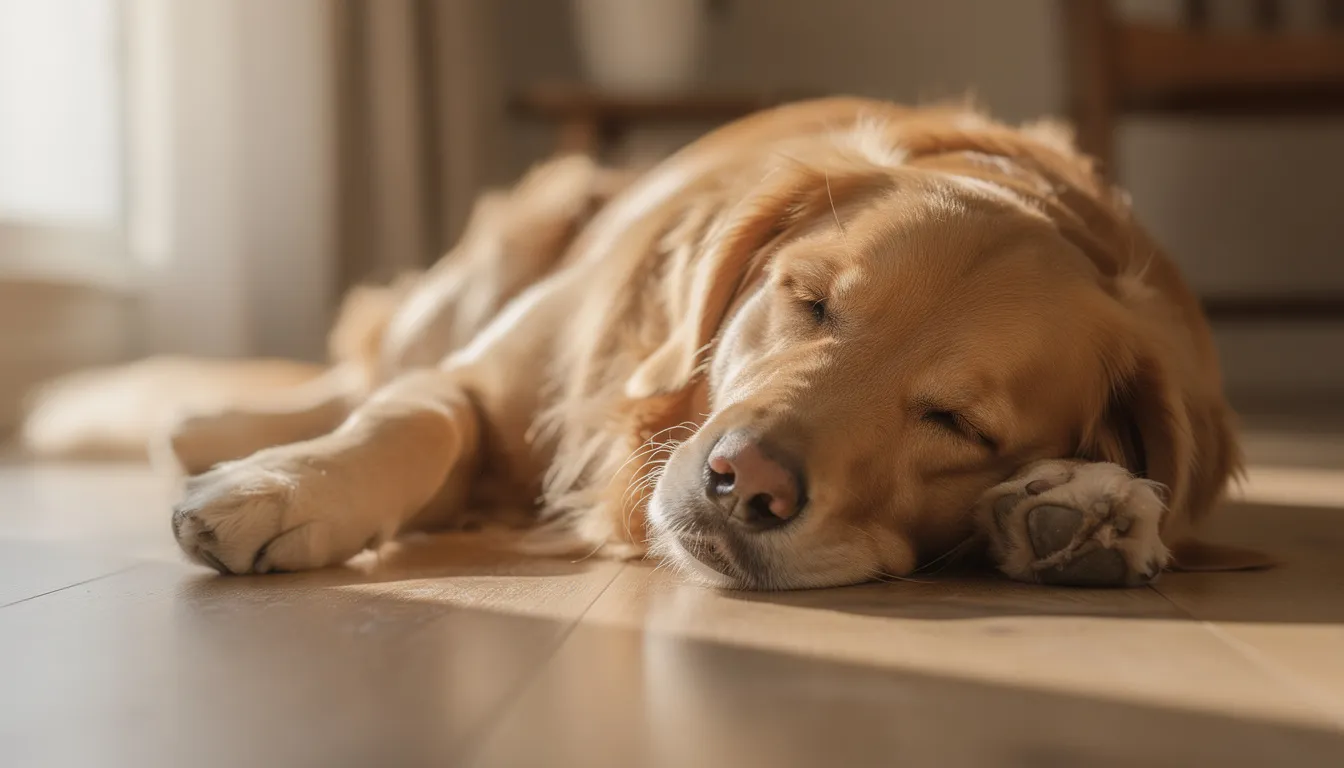 Na podłodze leży pies rasy golden retriever z zamkniętymi oczami, wyglądając na zrelaksowanego i spokojnego. Jego stan zdrowia może być oceniany przez właścicieli czworonogów, którzy powinni regularnie obserwować zachowanie psa oraz jego wygląd, aby zauważyć wszelkie zmiany w zdrowiu.