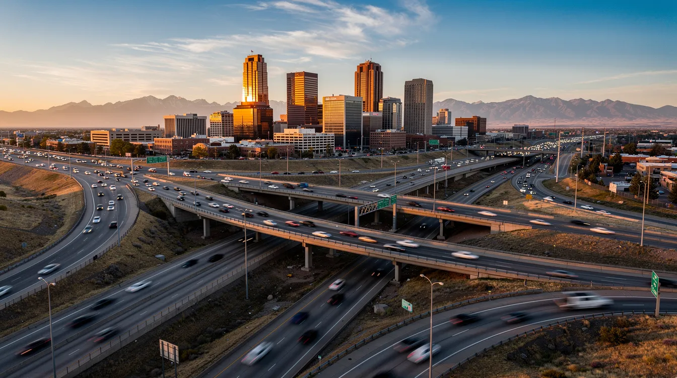The image depicts a bustling highway interchange with various roads converging, while the Denver skyline rises prominently in the background, showcasing the Mile High City. This scene reflects the dynamic nature of auto transport services in Denver, Colorado, where car shipping companies facilitate seamless vehicle transport to various destinations.
