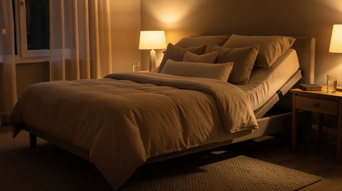 The image depicts a cozy, dimly lit bedroom featuring an adjustable bed adorned with several pillows arranged to promote restful sleep. This inviting space encourages proper sleeping positions, essential for those recovering from procedures like a Brazilian butt lift, helping to minimize discomfort and support healing during the recovery period.