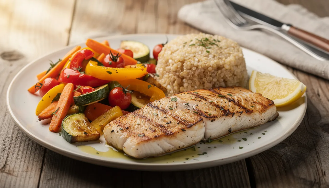 The image features a vibrant and balanced meal plate, showcasing grilled fish, quinoa, and an assortment of roasted vegetables, all artfully arranged on a rustic wooden table. This nutritious meal supports healthy blood sugar levels, making it an excellent choice for those managing blood glucose through a balanced diet.