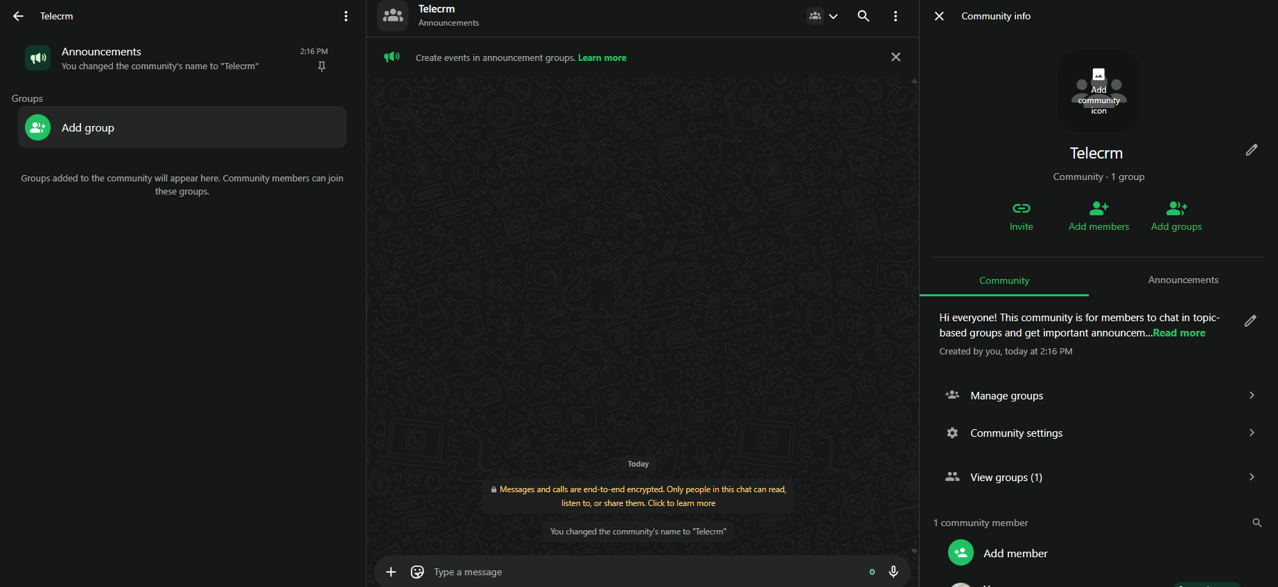 admin controls screen on Web.