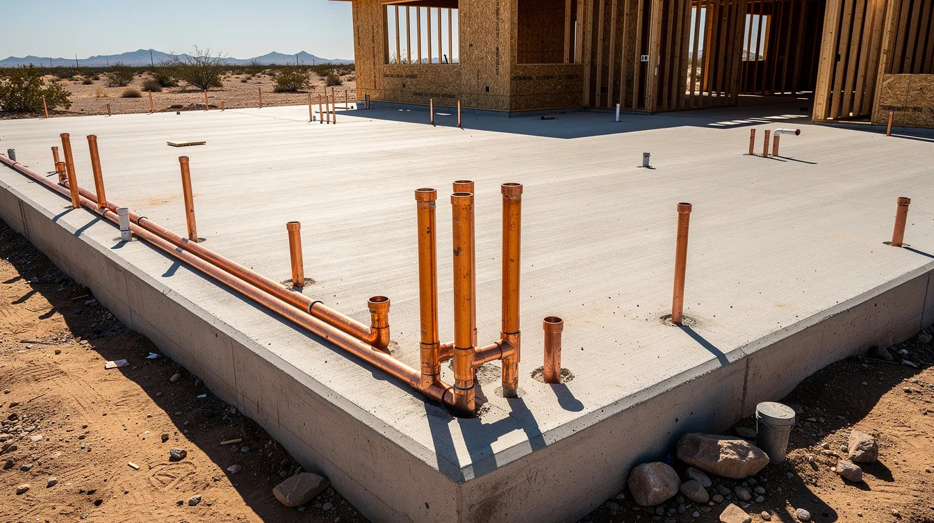 The image shows the concrete slab foundation of a single-story Arizona home under construction, with visible embedded copper pipes that will facilitate the water supply for the home. This setup is crucial for preventing potential issues like slab leaks and ensuring efficient water usage in the future.