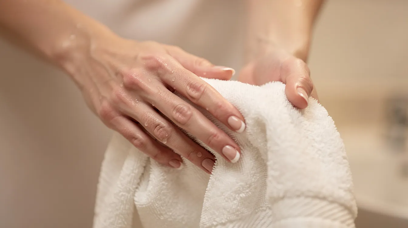 A person is gently drying their hands with a soft towel after undergoing iontophoresis treatment for hyperhidrosis, a medical condition characterized by excessive sweating. The towel absorbs moisture, helping the individual achieve a sweat-free life and manage symptoms effectively.