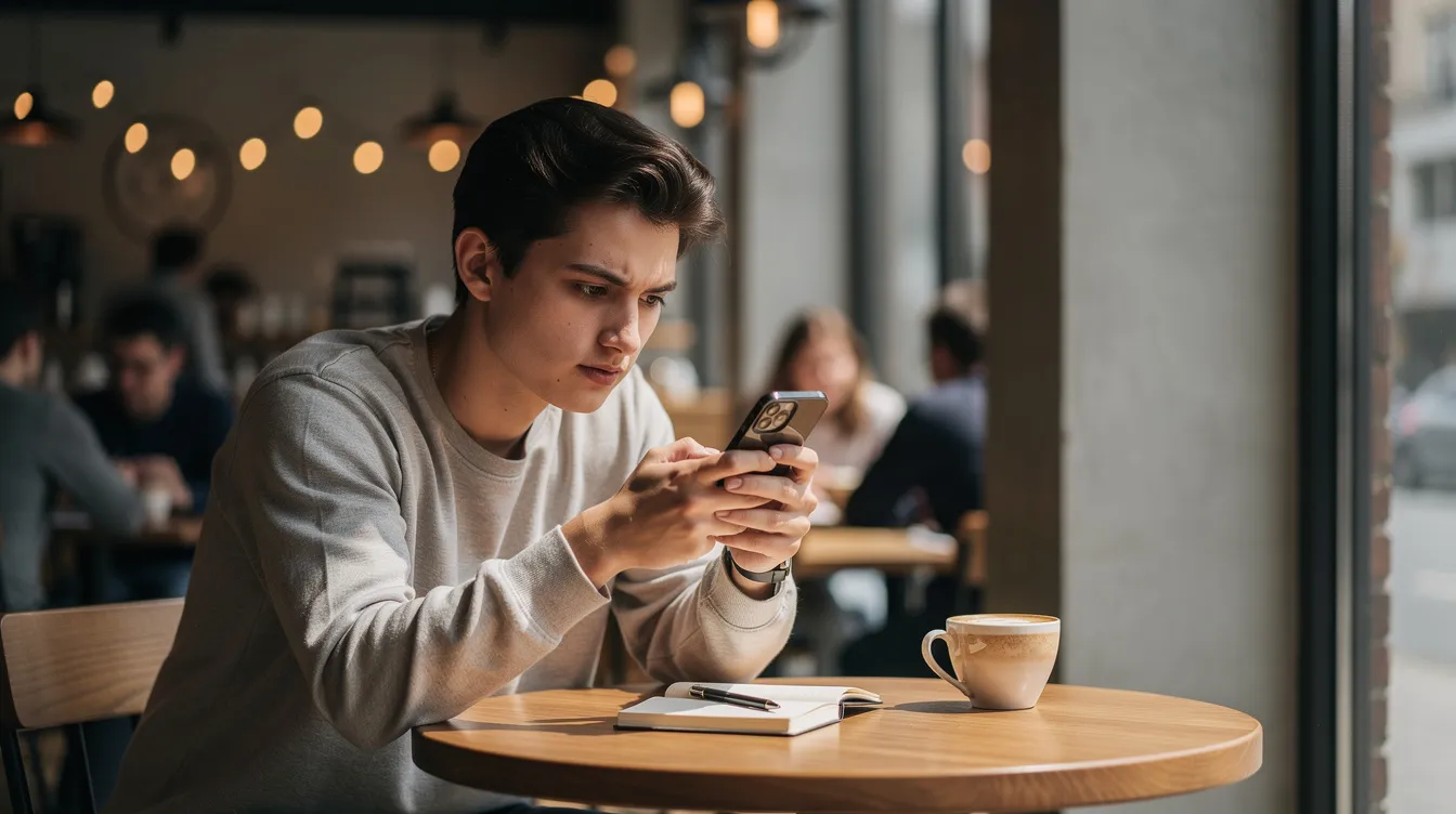 A person sits alone in a coffee shop, gazing thoughtfully at their phone, possibly reflecting on their emotional health and past experiences in romantic relationships. This moment captures the struggle many face when navigating toxic relationships, where feelings of addiction and self-doubt can arise amidst a backdrop of unhealthy dynamics.