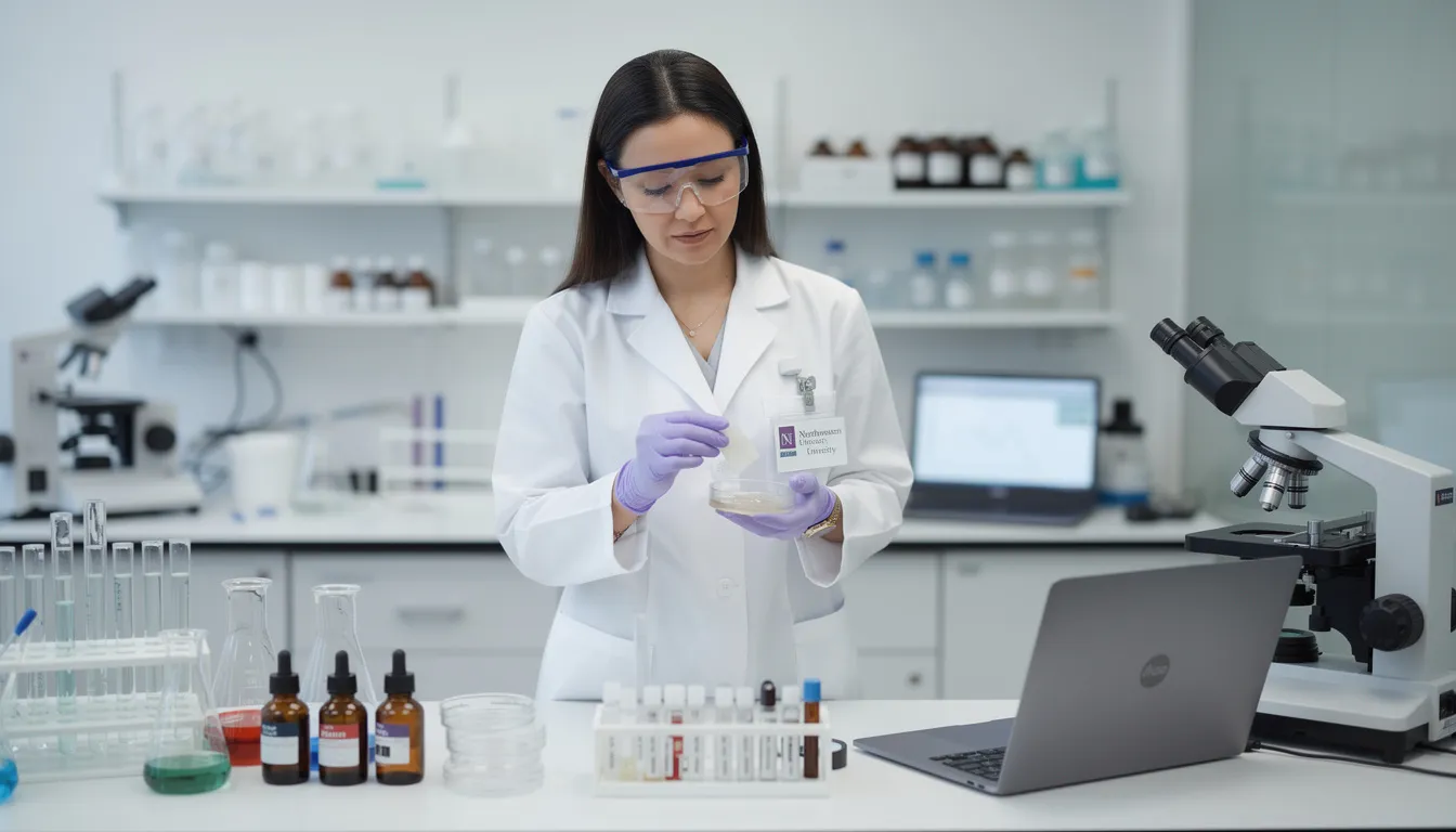 A Northwestern University dermatologist is seen analyzing various skincare ingredients in a laboratory setting, focusing on effective ingredients like glycolic acid and hyaluronic acid. The dermatologist is dedicated to understanding how these components can address common skin concerns such as oily skin, aging skin, and skin irritation, ultimately aiming to enhance skin texture and promote healthy skin.