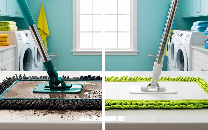side-by-side comparison of muddy and clean flat mop head