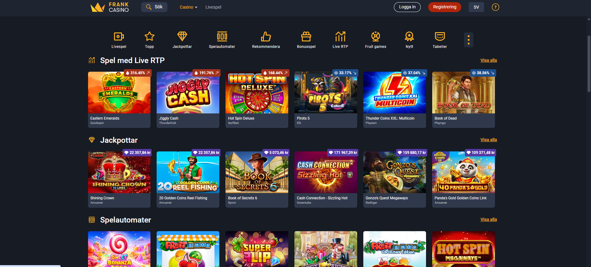 Frank Casinos spelutbud med Live RTP, jackpotspel och spelautomater.