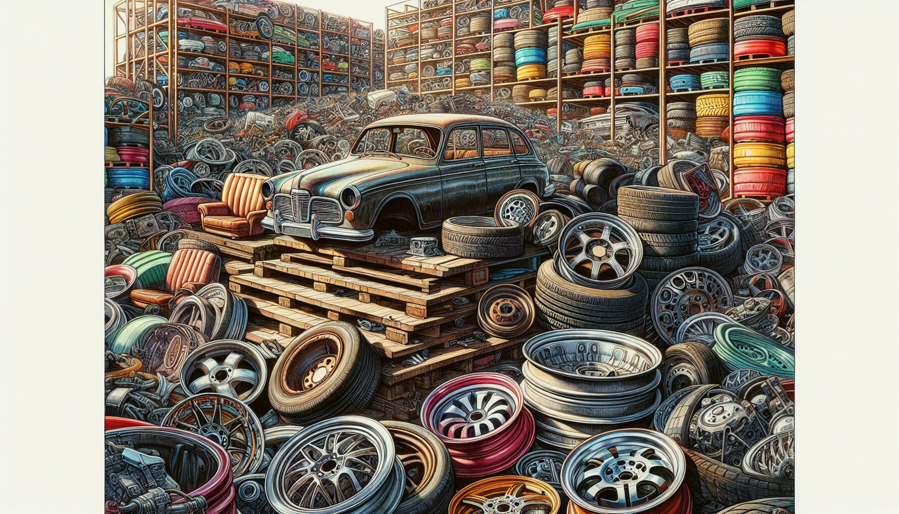 Illustration of a salvage yard with car parts