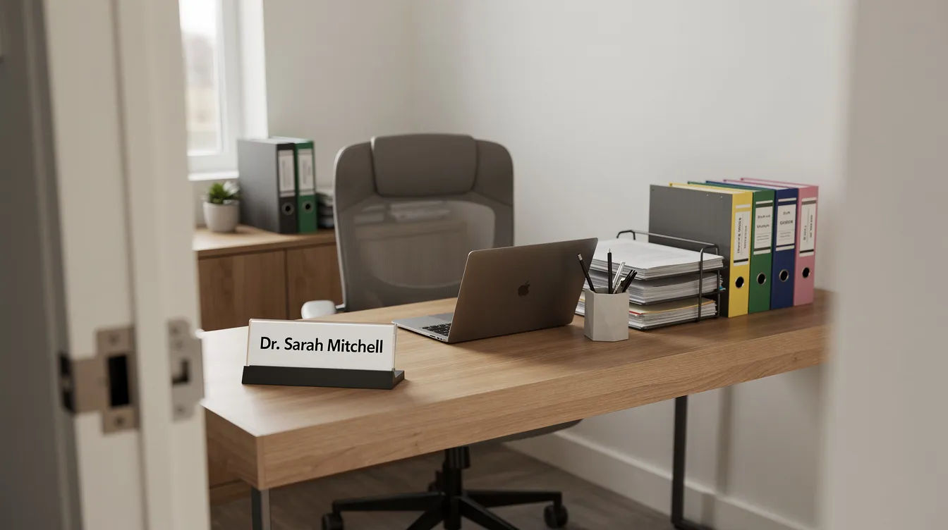 fdb23fcc 4728 4ce7 b8c4 f49da4734332 The image depicts a small professional office featuring a desk with a laptop and files, alongside a name board positioned near the entrance. This setting may serve as a reference point for individuals seeking financial assistance from small finance banks or commercial banks for micro enterprises, including those eligible for mudra loans.