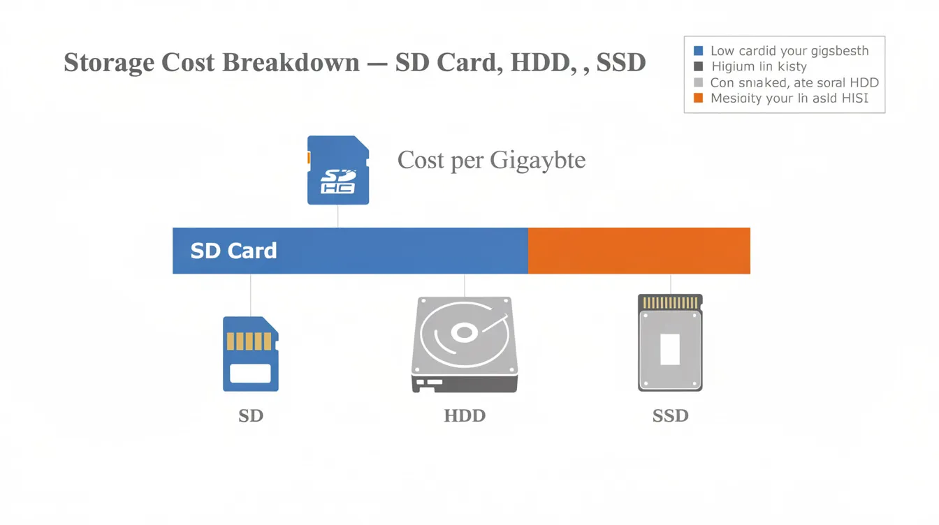 How Much Does an MDVR System Cost: The image illustrates a detailed storage cost breakdown comparing SD cards, HDDs, and SSDs, highlighting their respective capacities and prices. It emphasizes the importance of choosing the right storage solution for video recordings captured by a multi-camera system, such as a dash cam, to ensure vivid image quality and continuous recording capabilities.