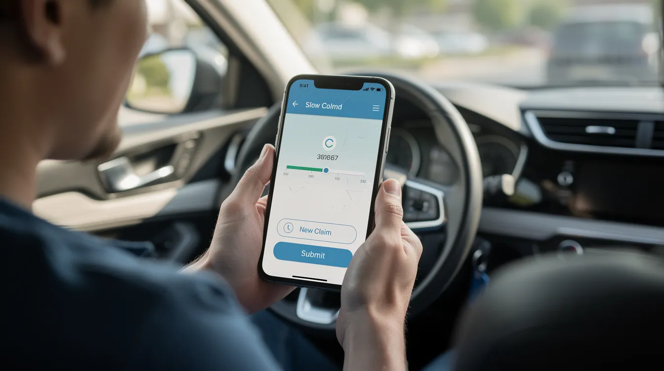 A person is sitting in a parked car, holding a smartphone with an open claims app, likely to file an insurance claim with their own insurance company after an auto accident. The screen displays options related to the claims process, such as submitting a police report number and providing details about the incident.