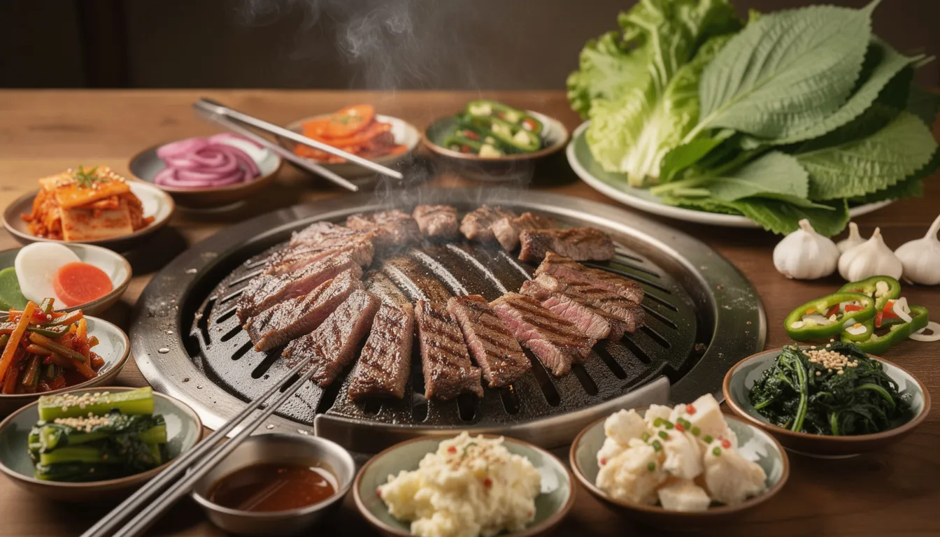A sizzling spread of grilled Korean BBQ meat is showcased on a tabletop grill, surrounded by an array of traditional side dishes and fresh lettuce wraps, perfect for a delightful dining experience in South Korea. This image captures the essence of Korean cuisine, highlighting the vibrant flavors and communal aspect of enjoying a meal together.