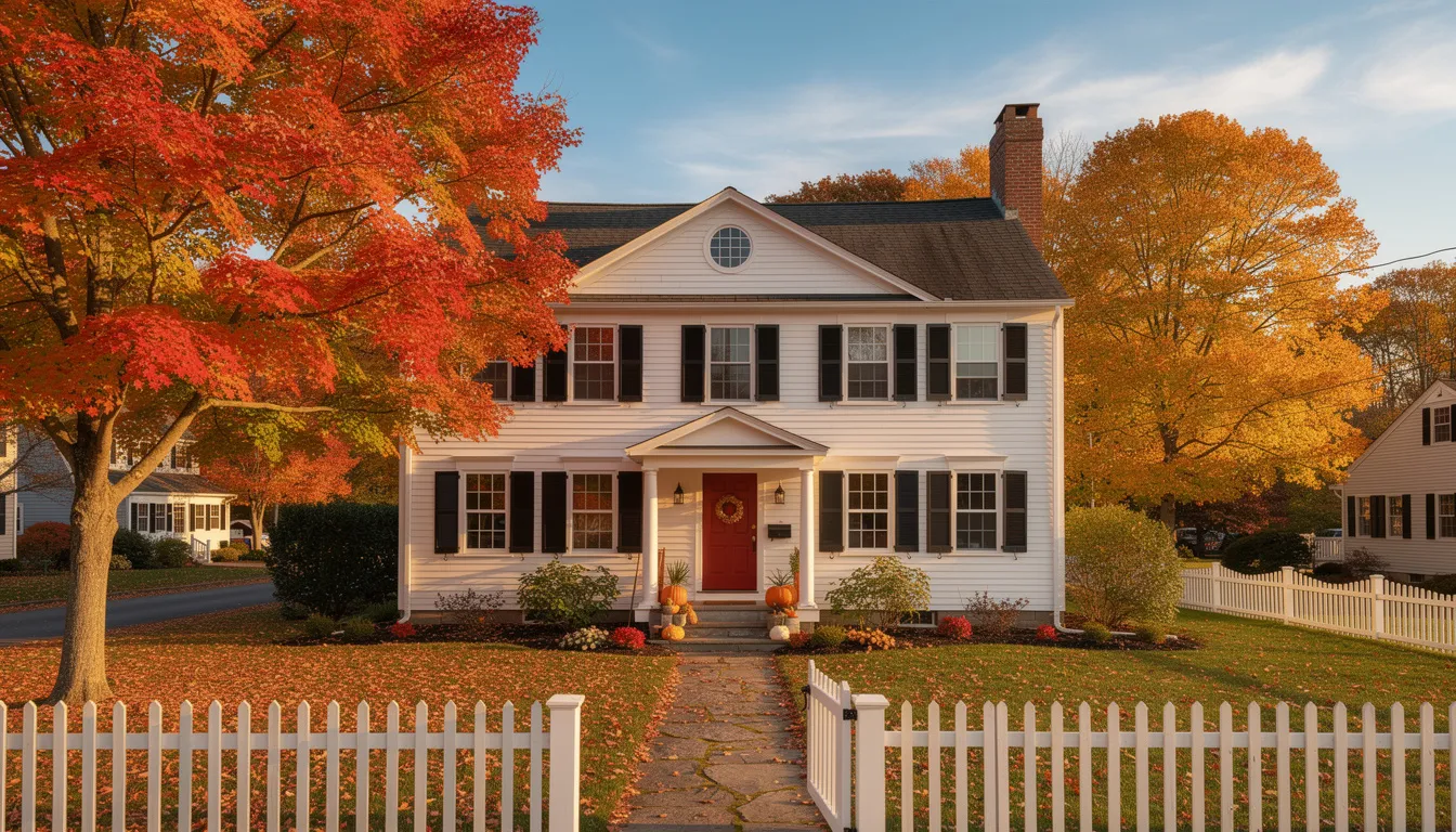 The image depicts a charming New England colonial home surrounded by vibrant autumn foliage, showcasing the beauty of the season. This picturesque setting is ideal for highlighting the home buying process, where potential buyers can envision themselves in a cozy property amidst the colorful leaves of Connecticut.