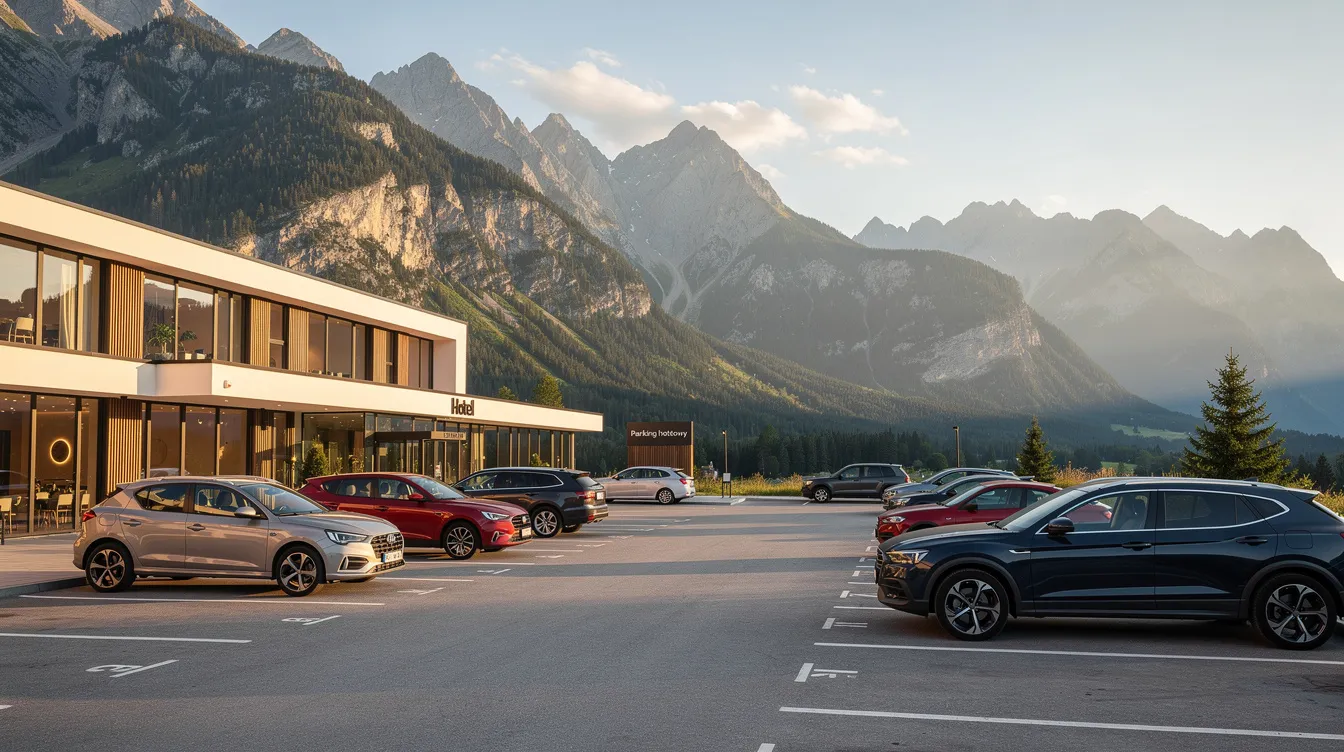 Na zdjęciu widoczny jest parking hotelowy z kilkoma samochodami, umiejscowiony w malowniczym górskim krajobrazie. W tle rozpościerają się majestatyczne pasma górskie, co tworzy idealne warunki do organizacji konferencji w górach.