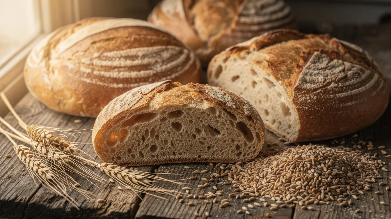 The image features rustic loaves of barley and wheat bread resting on a rough wooden table, surrounded by scattered grains. This visual evokes the deeper significance of bread in the Bible, symbolizing spiritual food and the concept of "daily bread" that nourishes both physical life and spiritual life, as Jesus described in his teachings.