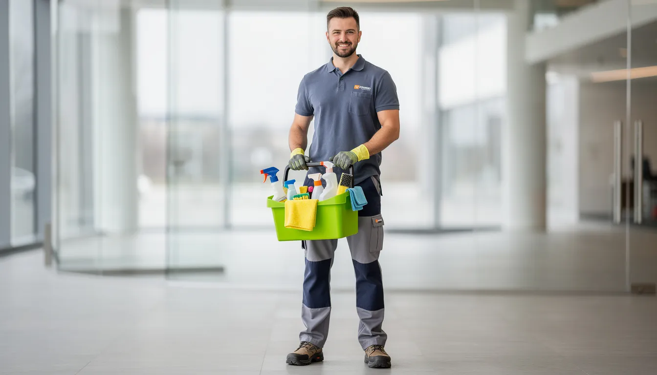 A professional cleaner in uniform stands ready to start work, holding various cleaning supplies and tools. This image reflects the dedication of trained cleaners who provide high-quality cleaning services, ensuring a clean and healthy environment for homes and businesses.