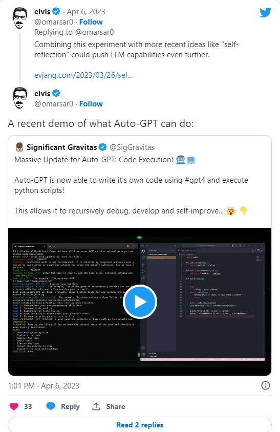 Screenshot of tweet from @omarsar0 demonstrating what AutoGPT is capable of