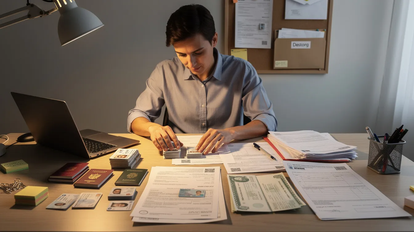 fdb9ca67 a69b 474b b9bb 9e0c7990d737 The image depicts a person sitting at a desk, meticulously organizing various identity documents and bank papers essential for the personal loan verification process. The scene highlights the importance of having documents like income proof, address proof, and utility bills ready for the loan application form to ensure a smooth online verification and approval process.