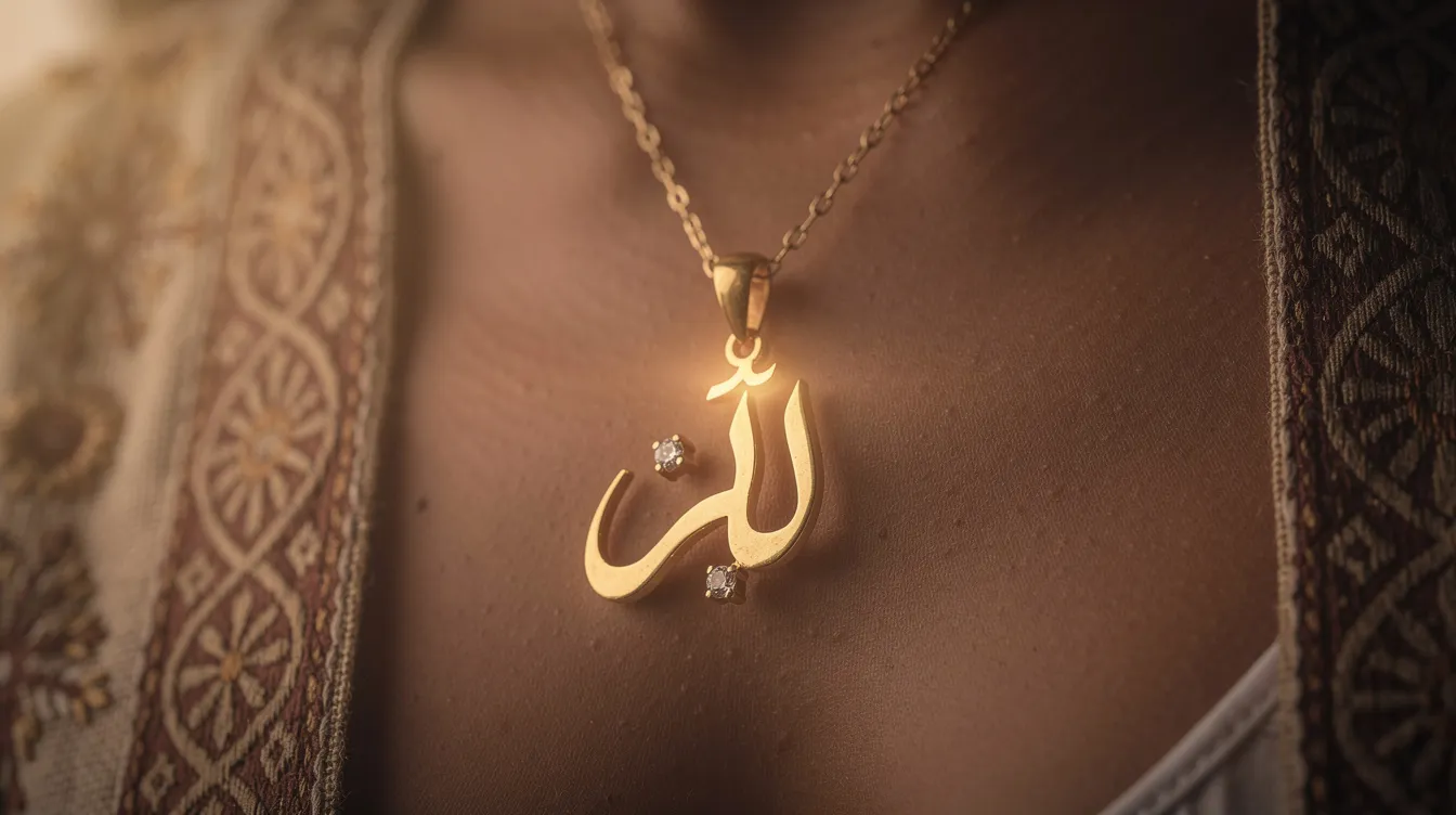 The image showcases a beautifully crafted piece of jewelry featuring the word "Ummi," symbolizing love and cultural identity, with intricate designs that reflect artistic expression. This piece serves as a heartfelt tribute to mothers, embodying themes of protection and affection, reminiscent of the sentiments expressed by artists like Maher Zain.