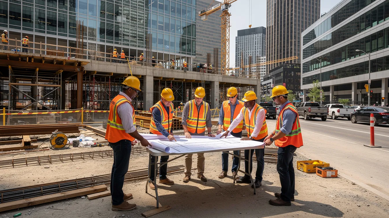 Construction workers in hard hats and safety vests on a commercial jobsite.