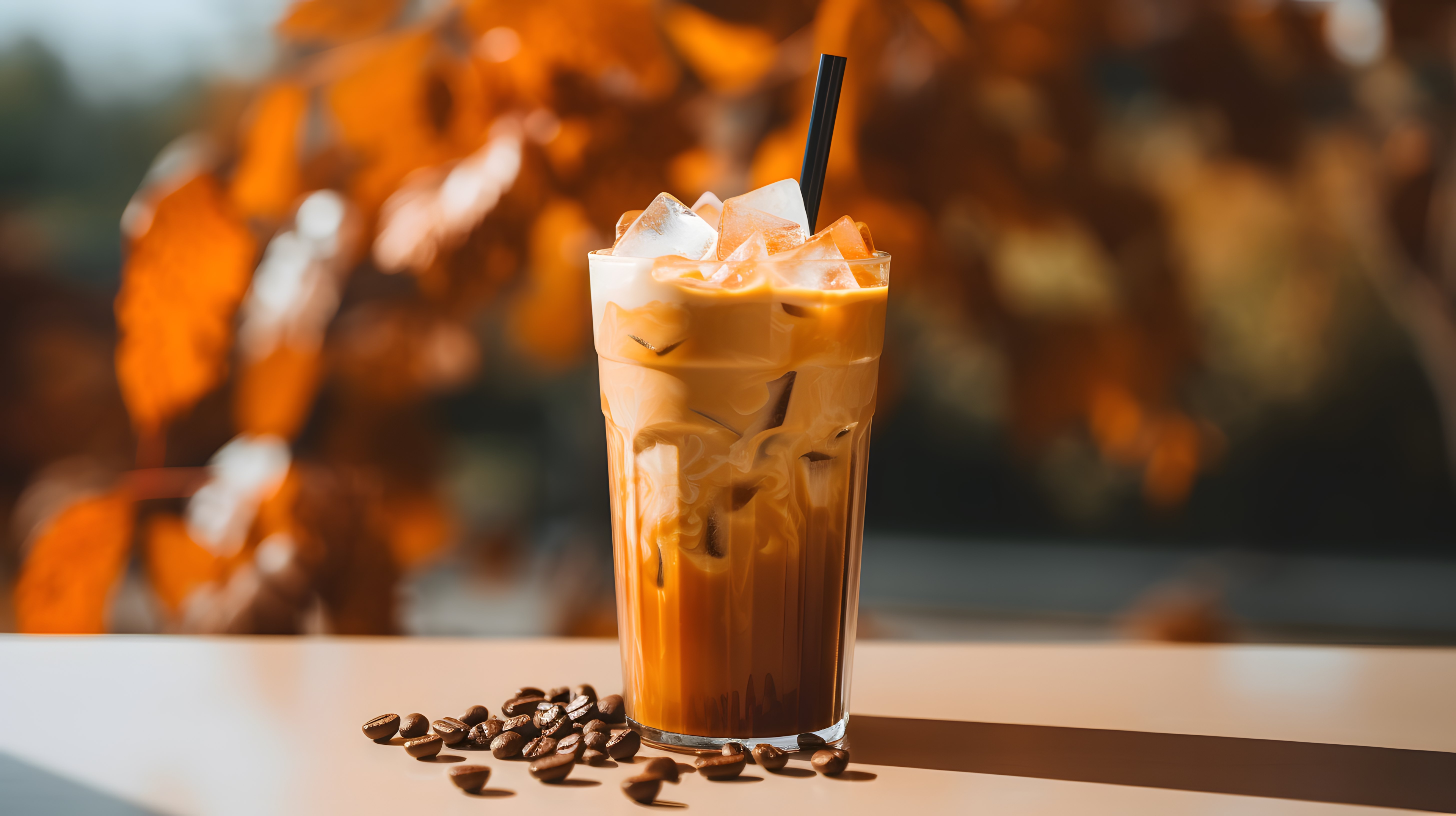 Tall glass of iced coffee, coffee beans on a table , blurred nature orange background