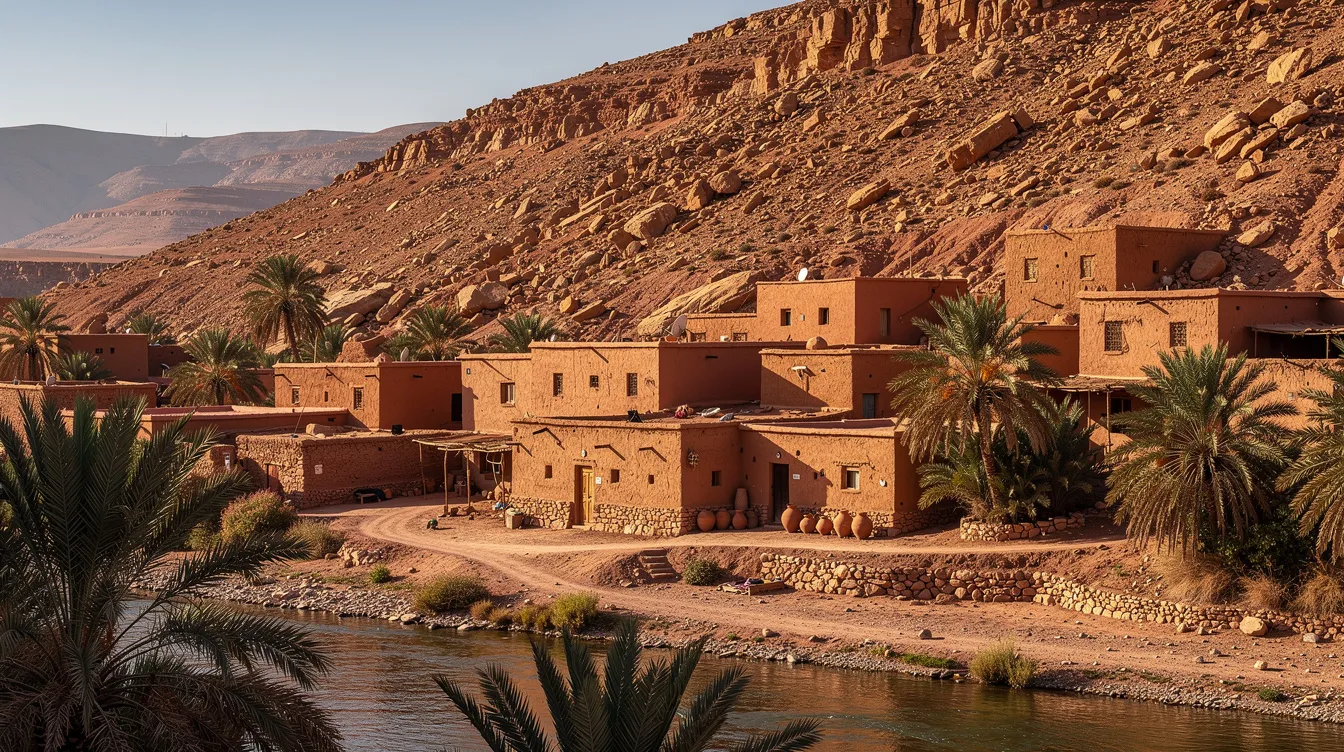 A traditional Berber village with mud-brick buildings is nestled against a rocky hillside, surrounded by palm trees, showcasing the stunning landscapes of southern Morocco. This picturesque setting offers a glimpse into the rich culture and history of the region, ideal for those seeking an immersive experience in the Sahara desert.