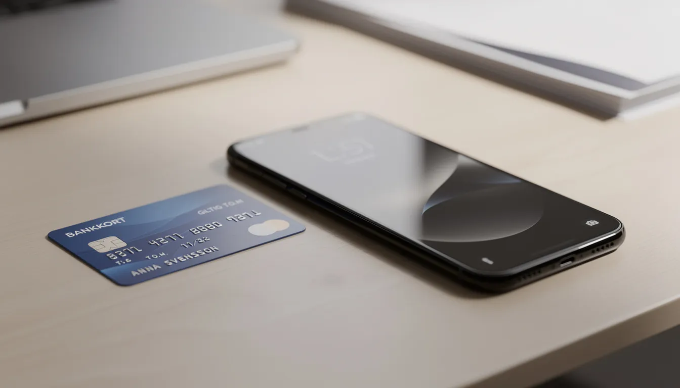 En mobiltelefon och ett kreditkort ligger på ett skrivbord, vilket antyder en förberedelse för online spelande på svenska casinon. Detta kan vara relaterat till insättningar och uttag för att spela casino på nätet.