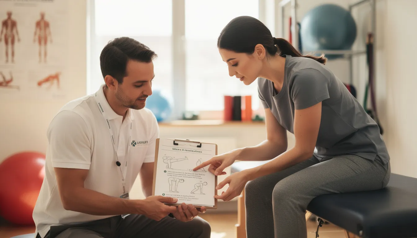 A paediatric physiotherapist and a child are engaged in a discussion while reviewing exercise notes together, focusing on developmental milestones and movement skills. The physiotherapist encourages the child to develop their gross motor skills at their own pace, ensuring a supportive environment for their growth.