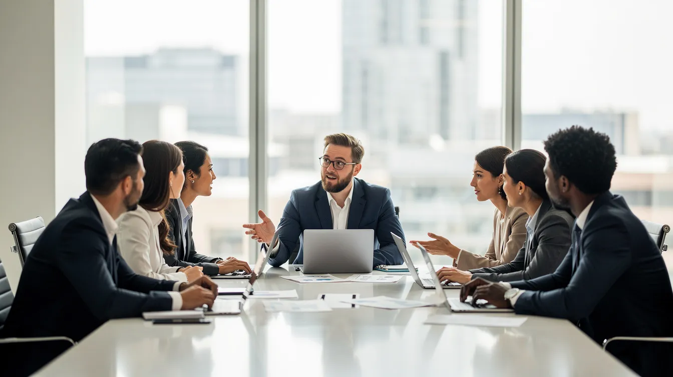A diverse professional team is engaged in discussion around a conference table, illuminated by natural light streaming through large windows. This collaborative environment reflects the intersection of human intelligence and artificial intelligence, as team members share ideas that may involve concepts like machine learning and generative AI.