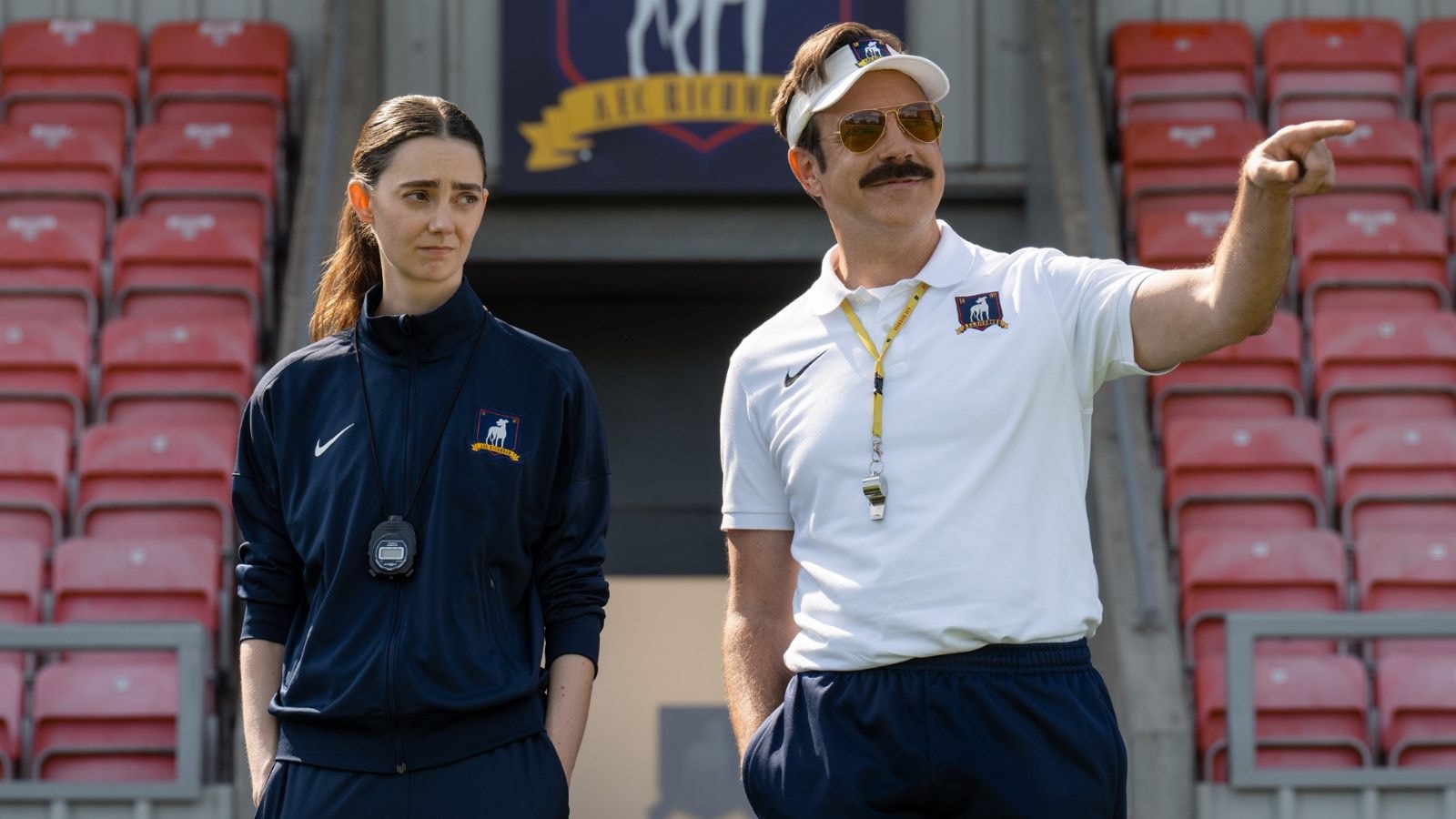 Tanya Reynolds as new assistant coach for AFC Richmond's women&rsquo;s team and Jason Sudeikis as Ted Lasso in Ted Lasso Season 4