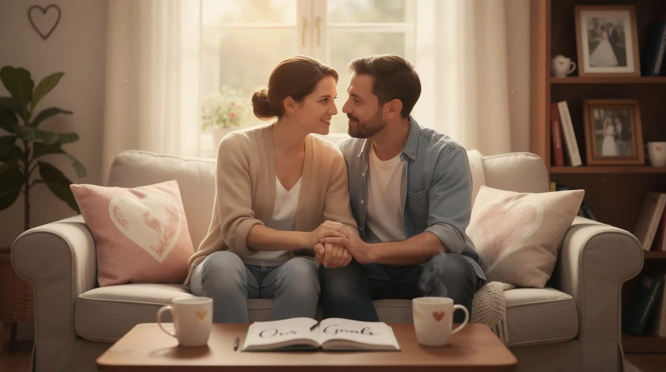 The image depicts a married couple sitting together in a cozy living room, engaged in a heartfelt conversation, symbolizing the importance of communication in preventing divorce. They are surrounded by family photos, illustrating a commitment to their relationship and the effort required to manage marital problems through marriage counseling and quality time together.