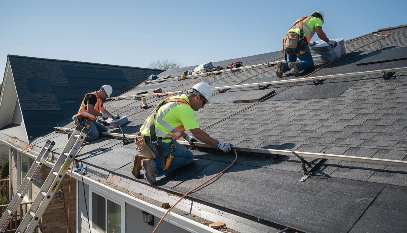 The image shows workers diligently installing new asphalt shingles on a residential roof, equipped with safety gear to ensure a secure and compliant installation. This process is essential for homeowners looking to maintain their roof's condition and may involve navigating insurance claims for roof replacement due to damage from severe weather or poor maintenance.