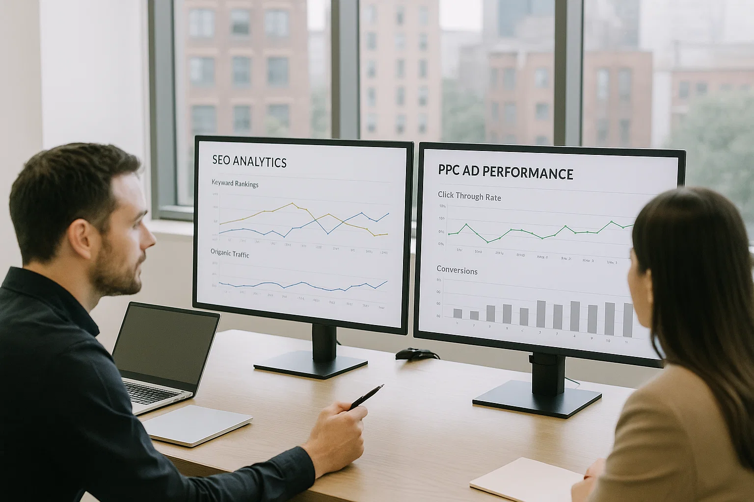Marketing team reviewing SEO analytics and PPC campaign performance on separate dashboards.